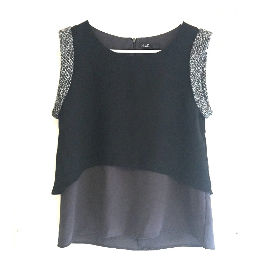 Black and Gray Silky Top With Tweed Sleeve Detail